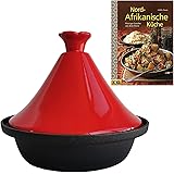 MARRAKESCH Tajine Topf Inklusive Kochbuch - Nordafrikanische Küche - zum Kochen 2L für 4-6 Personen Gusseisen Tagine Layla fü