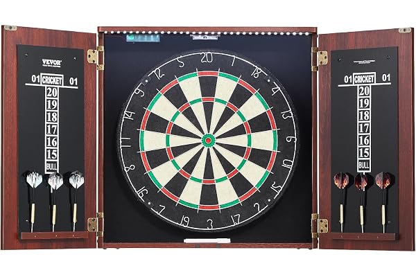 VEVOR Officiell storlek darttavla och skåp set, redo att spela, med stålspets, har LED-ljus, enkel montering, alla tillbehör, för cricketspel, 45 x 3,8 cm, svart, 630 x 540 x 110 mm, Uppgradera ditt