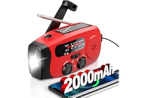 RYCHI Crank Radio with Solar, Emergency Radio, Portable Radio with Hand Crank, AM/FM Radio with LED Torch, 2000 mAh Power Bank, SOS Alarm, USB Mobile Phone Charger, for Emergencies, Camping & Hiking (Red)