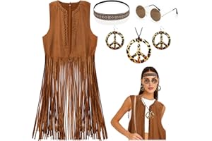Amazluck 70s Fancy Dress Women Fringed Waistcoat Hippie Costume Hippie Accessories 70s Costumes for Women 70s Fancy Dress Plus Size Hippie Headband