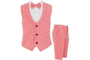 SIRRI Baby and Little Boys Waistcoat Suit Set 4 Piece Cotton Linen Formal Wedding Set with Choice of Trousers or Short Age 3 Months to 8 Years