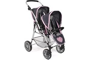 Bayer Chic 2000 - Passeggino gemellare per bambole Twinny, passeggino gemellare per bambini dai 4 agli 8 anni, grigio melange