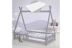 ML DESIGN MODERN LIVING ML-Design Letto a Terra per Bambini Design Tipi 80 x 160 cm Grigio, in Legno di Pino Massiccio, con Sponde Protezione Anticaduta e Materasso Sfoderabile in Schiuma Fredda, Giroletto Montessori