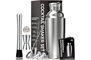 YARRAMATE Shakers à Cocktails 8 pièces, 700 ML Shaker Cocktail INOX Avec Passoire Intégrée, Kit Isotherme Avec Jigger, Cuillère, Pilon, Verseurs et Recettes pour Bar Maison (Jigger mit échelle)