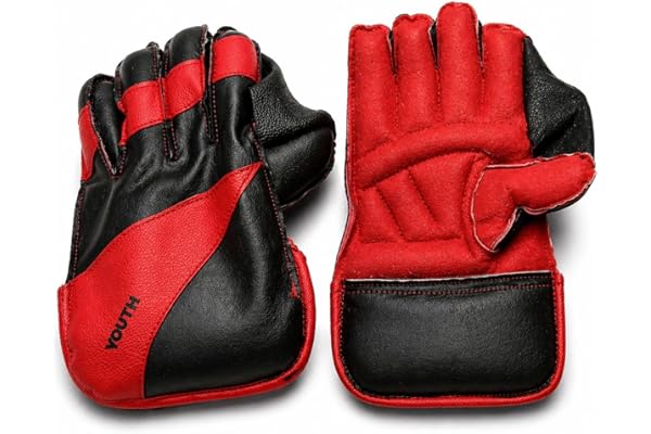 Vinex Cricket Wicket Keeping Gloves Practice Youth Premium Durable Leather WK Gloves for Men & Youth Cricket Wicket Keeping Pack of 1 Pair Red & Black