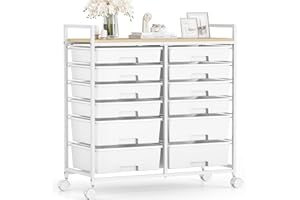 SYKIARIOL 12-Drawer-Plastic-Rolling-Storage-Utility-Craft-Organizer-Trolley-Cart on Wheels with Wooden Tabletop for Home, Office, Classroom, Makeup, White