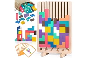 ZLPBAO Puzzle de Madera Tetris con 10 Tarjetas y Bolsa de Almacenamiento, Rompecabezas Niños, Tetris Puzzle 3D Madera,Juguetes Sensoriales, Juegos Montessori 3 4 5 6 Años