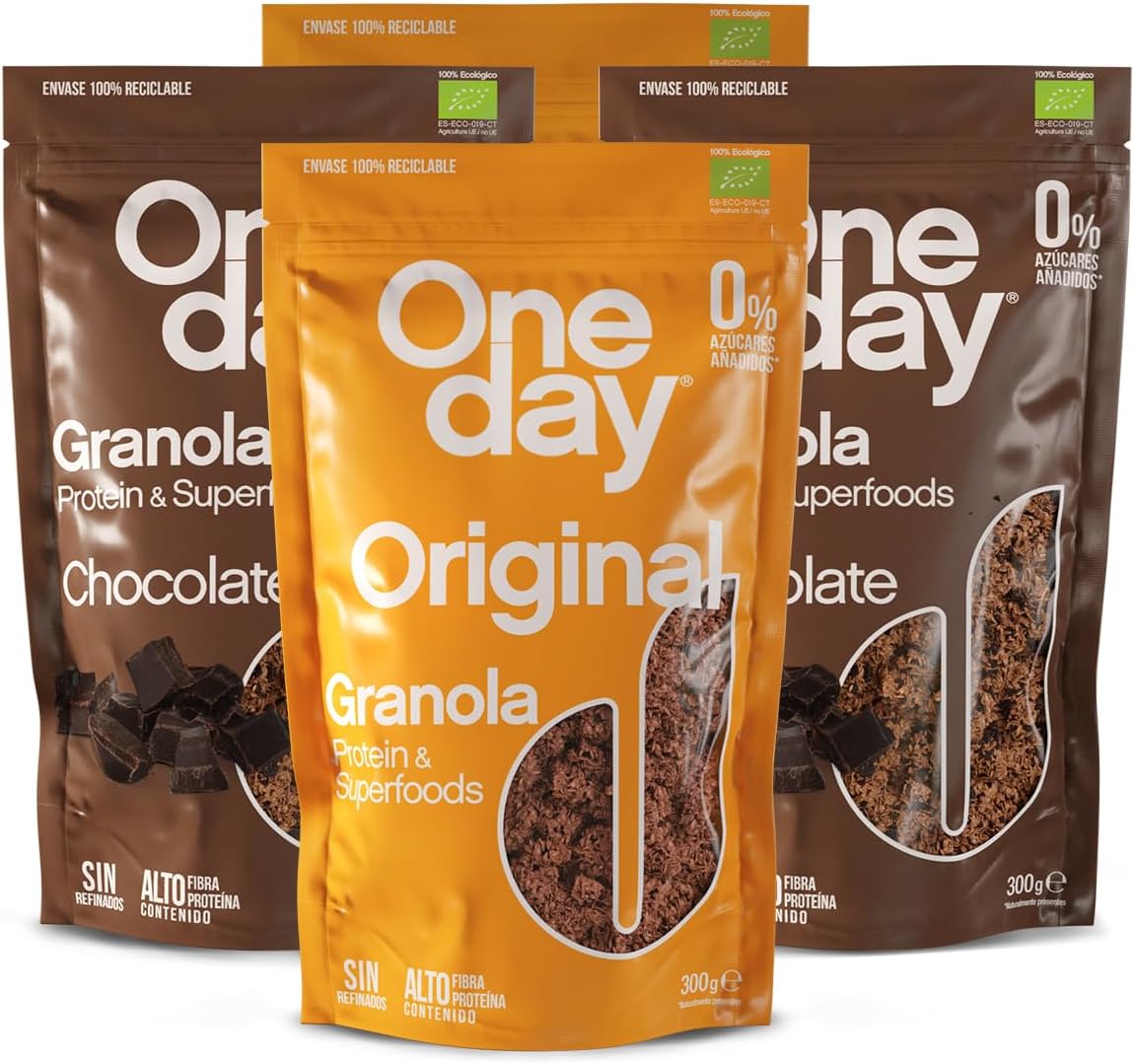 ONE DAY Granola Ecologica, Sin Azucares Añadidos, Alto en Proteína con Superfoods, Altro en Fibra, Pack 4 Variado x 300g (Pack Original x2 + Chocolate x2)