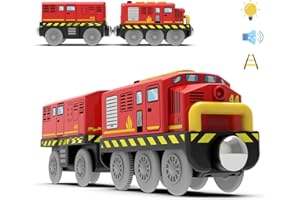 TOPLIVING Kit de train à piles pour rails de train en bois, puissant train de locomotive (connexion magnétique) avec phares avant et son recommandé à partir de 3 ans, rouge