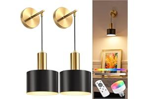 NIORSUN Battery Operated Wall Sconces, Gold & Black Battery Operated Wall Lights Indoor with 5200mAh Dimmable Detachable Bulbs and Remote, 9 Colors Sconces Wall Decor for Bedroom Living Room
