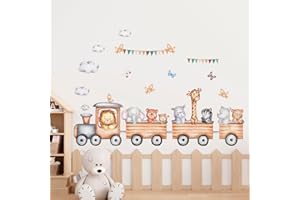 Tanlaby Giungla Animali Treno a cavallo Adesivi Murali Volpe Leone Elefante Giraffa Sticker Murali Autoadesivo Adesivi da Parete per Bambini Camera da Letto Vivaio Decorazione Murale