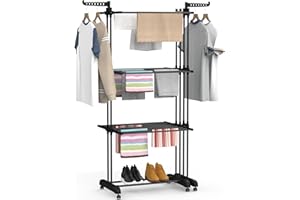 Ferghana 3-stufiger Wäscheständer Turm, ausziehbar (66-130 cm), 40 kg Tragfähigkeit, klappbarer Wäscheständer mit faltbarem Design, platzsparend für Zuhause (Schwarz)