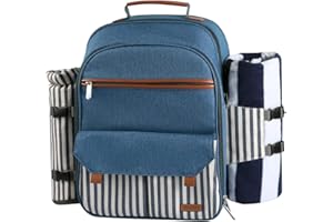 Sunflora Sac à Dos Pique Nique 4 Personnes Deluxe avec Poche Sac Pique-Nique Isotherme Panier Pique Nique avec Vaisselle et Couverture pour Camping Familial pelouse(Bleu et rayé)