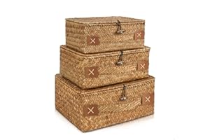 HUALIANG Kosz rattanowy z pokrywką, 3 sztuki, pleciony kosz regałowy, z naturalnej trawy morskiej, wielofunkcyjne koszy do przechowywania zabawek, kosmetyków, łazienki, papieru toaletowego