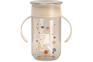 Suavinex, Tasse Apprentissage pour Bébé, avec Disque Anti-Fuite, Magic Cup Rebord Antifuite 360°, Anses Amovibles, Couvercle Hygiénique, Compatible Lave-Vaisselle, 340 ml, +12 Mois, Wonderland, Beige