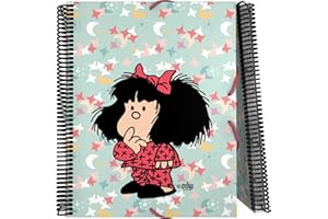 Grafoplas - Carpeta de Fundas Maxiplás, Diseño Mafalda Pijama, 30 Forros de Polipropileno, Tamaño A4, Tapas Flexibles Resistentes al Agua, Cierre Gomas Elásticas, Material Escolar con Espiral PVC