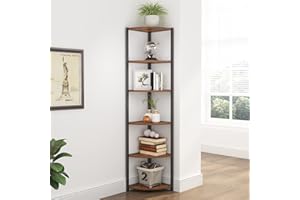 soges Bibliothèque d'angle Étagère de Rangement Angle à 6 Niveaux 165 cm en Métal Bibliothèque Coin, Gain de Place Meuble d'angle Noir et Marron Rustique