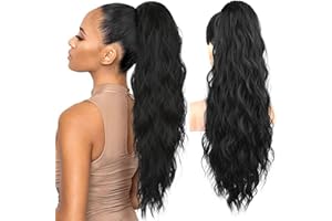 Brikabia Ponytail Extension, 66cm Lange Zopf Pferdeschwanz Haarverlängerung Beach Gewellt Natürliches Clip in Pferdeschwanz Haarteil Kunsthaar für Damen, Schwarz