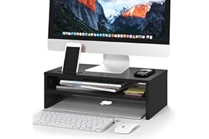 BONTEC Monitor Stand Riser, Wooden Desk Riser for Screen and Laptop, 420mm Wide PC Platform with Cable Slots, Phone Holder, 30kg Load, Ergonomic Desktop Organiser for Home Office Use