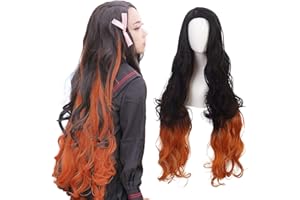 maysuwell Cosplay-Perücke, Anime-Dämonentöter, Kamado Nezuko-Perücken, schwarzer Farbverlauf, braun, lange gewellte Perücke für Frauen, Halloween, Karneval, Kostümparty, mit kostenloser Perückenkappe