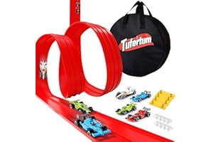 KOOLSHIRO Flexible Toy Car Track for Racing, 6M Roll Up Race Track Includes 4 Diecast Toy Cars for Boys, Diecast Cars and Monster Trucks, Attach to Windows Doors for Bumps Jumps Tunnels Loops
