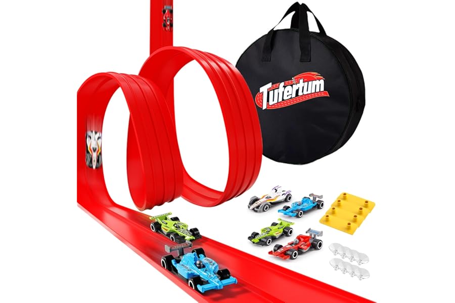 Flexible Toy Car Track for Racing, 6M Roll Up Race Track Includes 4 Diecast Toy Cars for Boys, Diecast Cars and Monster Trucks, Attach to Windows Doors for Bumps Jumps Tunnels Loops