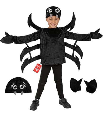 Funidelia Disfraz De Araña Para Niños – Mono Con Cabeza Y Manoplas, 100% Poliéster, Talla 7-9 Años, Negro, Ideal Para Halloween Y Carnaval