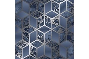 Muriva Elixir Cube Blue Silver Wallpaper 166512 - Metallic Geometric Marble