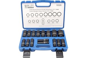 CCLIFE Zestaw nasadek udarowych, głębokie nasadki udarowe 1/2" sześciokątne metryczne 10-32 mm, 16 sztuk