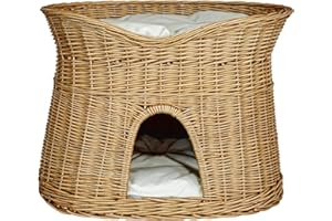 Damian-Wiklina Cesta de dormir para gatos – Casa para gatos – Tamaño XL – 70 cm ovalada – Cueva para gatos de sauce – Cama para perros o gatos de dos niveles con cojines para lavar en beige – Cesta de