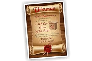 PLAY-TOO Geburtstagsurkunde 30 40 50 60 Club der alten Schachteln Bild Geschenk Urkunde Geburtstag personalisiert Fest