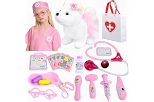 FEGALOP Vet Set for Kids, 21PCS Kids Doctor Playset with Plush Dog, Medical Toys,Stethoscope,Dress Up Costume, Carrying Bag,Pet Vet Care Play Set Christmas Birthday Gifts for Ages 3+ Years Old Girls Toddler