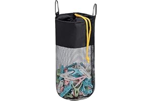 GNEGNI LIFE Pegs Bag, Mesh Large-Capacity Clothes Pegs Bag with Hook Drawstring Hanging Clothespin Bag Portable Resistant Clothes Pegs Holder Bag for Storing Clothes Peg, Socks and Toys (Black)