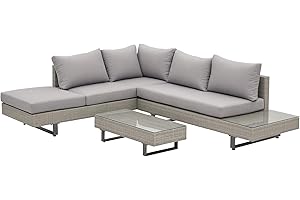 Outsunny Conjunto de Muebles Ratán de 3 Piezas Mesa de Centro Sofá Doble y Sofá de 3 Plazas con Cojines Extraíbles para Exterior Jardín Terraza Patio Acero Gris