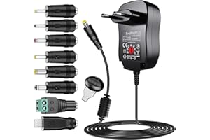 SoulBay 24Watt Adaptador universal CA/CC cargador de fuente de alimentación conmutada que incluye 8 Adaptador diferentes enchufes para electrodomésticos de 3V-12V y tiras de luces LED - 2A máx.