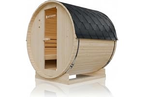 Artsauna Outdoor Fasssauna Spitzbergen 180 für 4 Personen - 6 kW Ofen, Saunasteine & Zubehör - Saunafass aus Fichtenholz - Außensauna Gartensauna