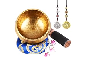 UNIDEAL Tibetische Klangschale Set, Singing Bowl aus Tibet mit Klöppel und Klangschalenkissen, Kommt mit 2 verheißungsvollen Kupferornamenten, Handgefertigt in Nepal, zur Yoga Meditation, Entspannung
