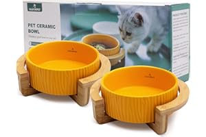 GLÜCKPET Cuenco de Cerámica para Gato, Pack de 2, Base de Madera de Bambú, 400 mL, Amarillo
