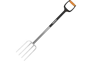 Fiskars Fourche à bêcher pour sol dur et caillouteux, 4 dents, Longueur: 108 cm, Dents en Acier/Poignée en plastique renforcé de fibre de verre, Noir/Orange, Xact, Taille: M, 1003686