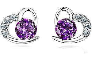 BAOBEI Kaguyo pendientes de plata para mujer, chapado en oro rosa, plata de ley 925, amatista, circonitas transparentes, corazón de amor, pendientes de tuerca para mujeres, niñas