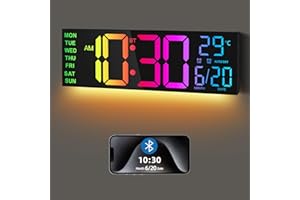 Maxstar 16.2'' Large Digital Wall Clock with Bluetooth Auto Sync, Remote Control, Alarm, LED Display, RGB Colors, Auto DST & Temperature for Classroom, Bedroom, Office, Garage-Black