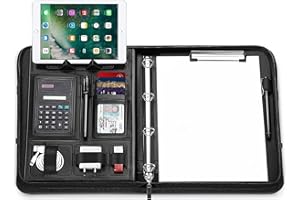 WONSEFOO Porte-documents A4, avec anneaux en cuir, porte-documents, grands compartiments, poignées magnétiques pliables, support pour tablette et smartphone, 5 compartiments pour cartes, bloc-notes