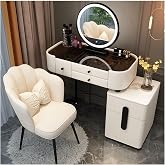 Romyqpipy Tocador Moderno con Espejo con Luces Led Y Taburete, 3 Brillo Ajustable, Mesa De Maquillaje con 5 Cajones, Armario,