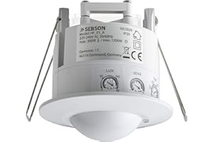 SEBSON® Detector de Movimiento para Interiores, Montaje Empotrado en Techo, LED Adecuado, programable, HF Sensor, Alcance 2-16m / 360°, Luces 1200W / 300W