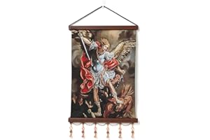 HZMAN Peinture de St Michel rétro faite à la main - Art mural - Archange catholique - Image esthétique pour salon, chambre à coucher - Cadre en bois - 43,2 x 30,5 cm