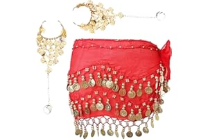 MAXQUU 1 Piece Belly Dance Waist Chain with 2 Bracelet Chains, Dance Performance Accessories, Sequin Wrap Belt, Three Layer Gold Coin Hip Scarf, Chiffon Ladies Drape Belt for Party, Festival Performance