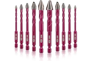 QUEFORET Crooked Head Eccentric Drill Bits 10pcs - 5/5/6/6/6/6/8/8/10/12mm Carbide Drill Bits for Wood Plastic Masonry Concrete, Wet Drilling Ceramic Tile Marble Glass, Quick Change Hex Shank