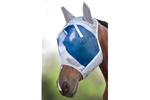 Harrison Howard CareMaster Maschera Anti-Mosche per Cavallo UV Protezione con para Orecchie Argento/Blu (XL; Extra Full)