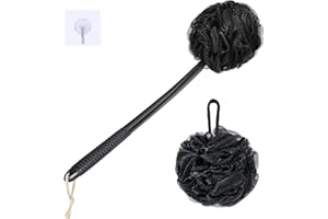 VANZAVANZU Badeschwamm Duschschwamm Satz Peeling Schwamm, Badeschwamm Rückenbürste mit 42cm Kunststoff Anti-Rutsch Handhaben, Flauschige Duschschwamm körper Weiches Netz Luffa-Schwarz