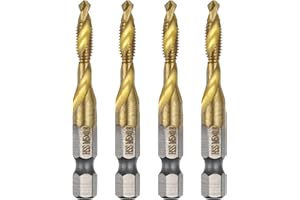 sourcing map 4pcs Combination Drill and Tap Bits Metric M5 x 0.8 Thread 1/4" Hex Shank Titanium Coated Threading Screw Taps 4341 High Speed Steel Machine Drilling Tapping Tool Kit